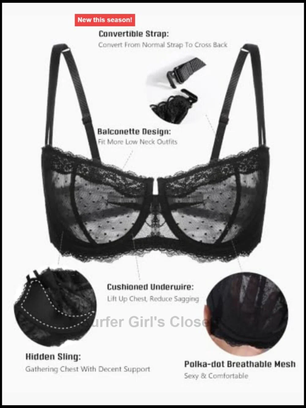 Lace Mesh Balconette Bra Underwire Push Up Sheer Demi Bra